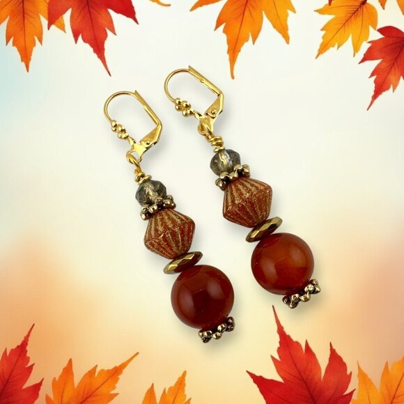 Natural Carnelian Earrings Tangerine Swirl Czech Glass 14KT Gold Plated NWT - Picture 6 of 12